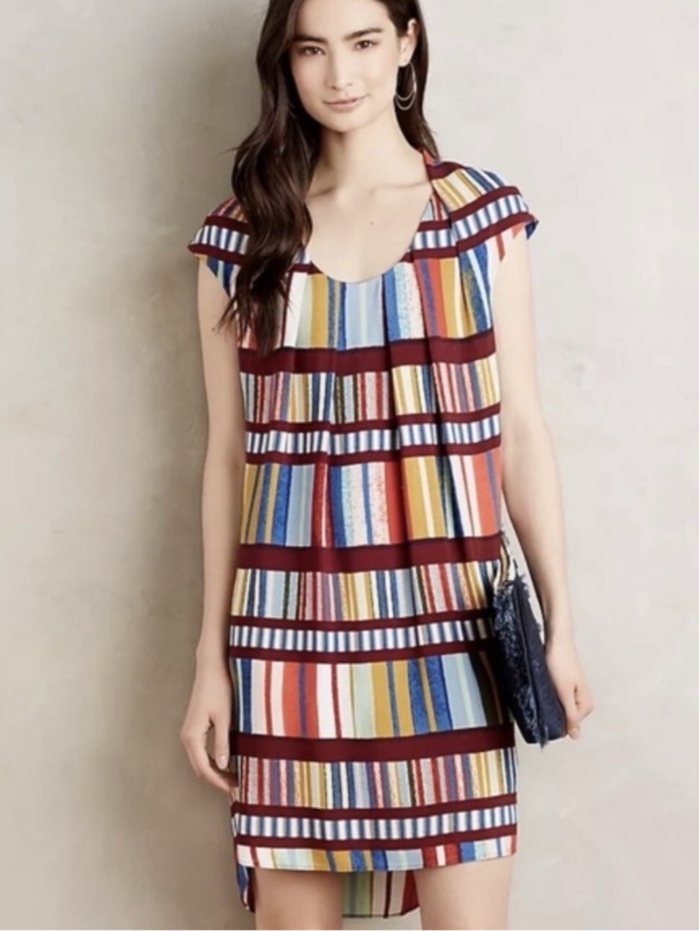 Maeve Multicolor Striped Shift Dress with Burgundy Bands